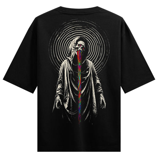 A black t-shirt features a monochrome hooded figure with a skull face crying rainbow-colored liquid set against radiating...