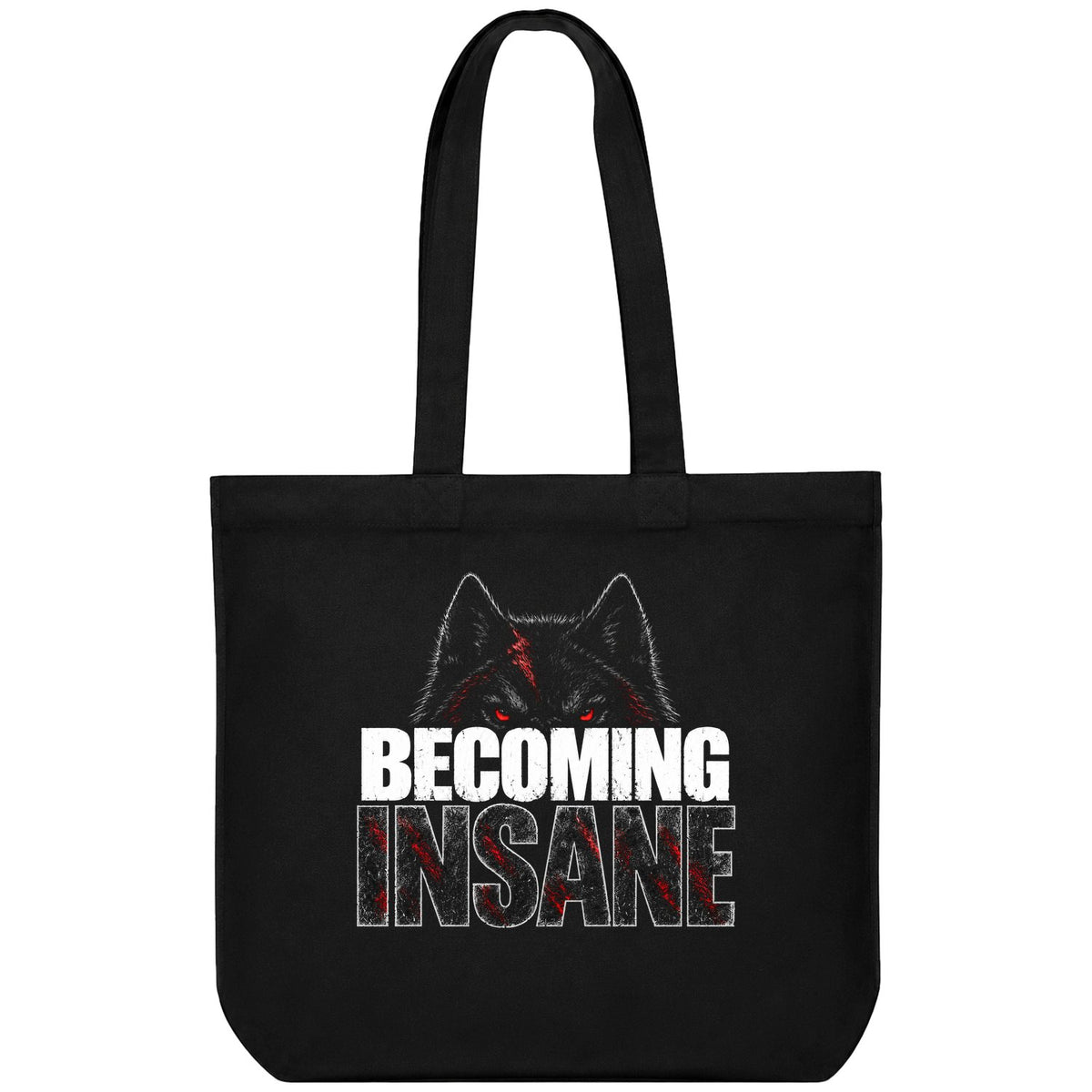Wolf Madness Tote Bag — Black wolf head with red glowing eyes and red blood streaks above distressed white and red text