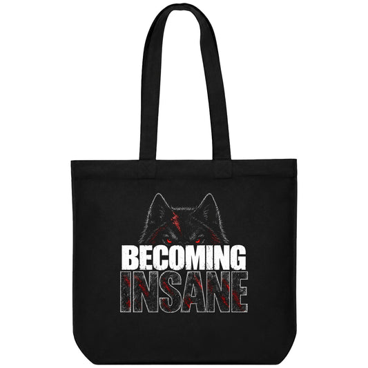 Wolf Madness Tote Bag — Black wolf head with red glowing eyes and red blood streaks above distressed white and red text