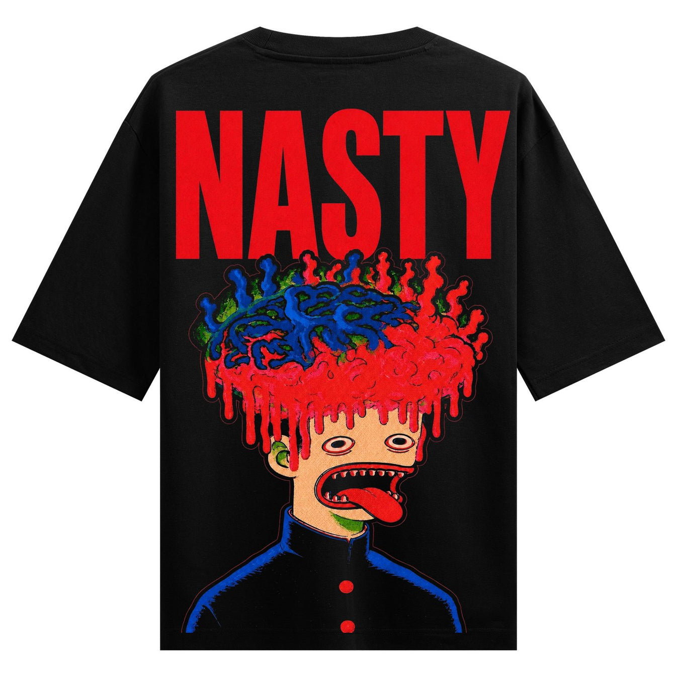 A black t-shirt features red text NASTY above a surreal illustration of a dripping melting brain with wide eyes and a tong...
