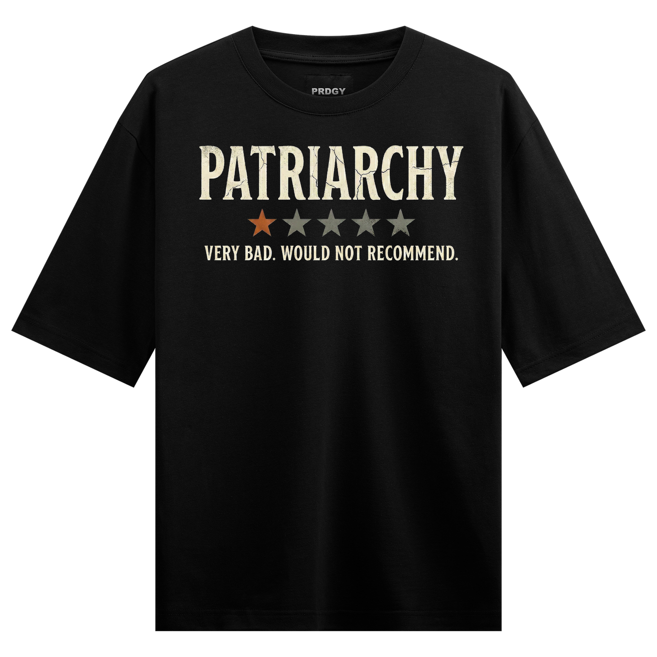 Patriarchy Review Oversized T-Shirt by PRDGY — humorous text mocking patriarchy, satire design