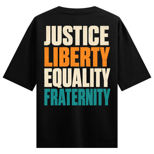 Four Pillars of india Oversized T-Shirt — Black t-shirt with four words in large distressed block letters, alternating white, orange