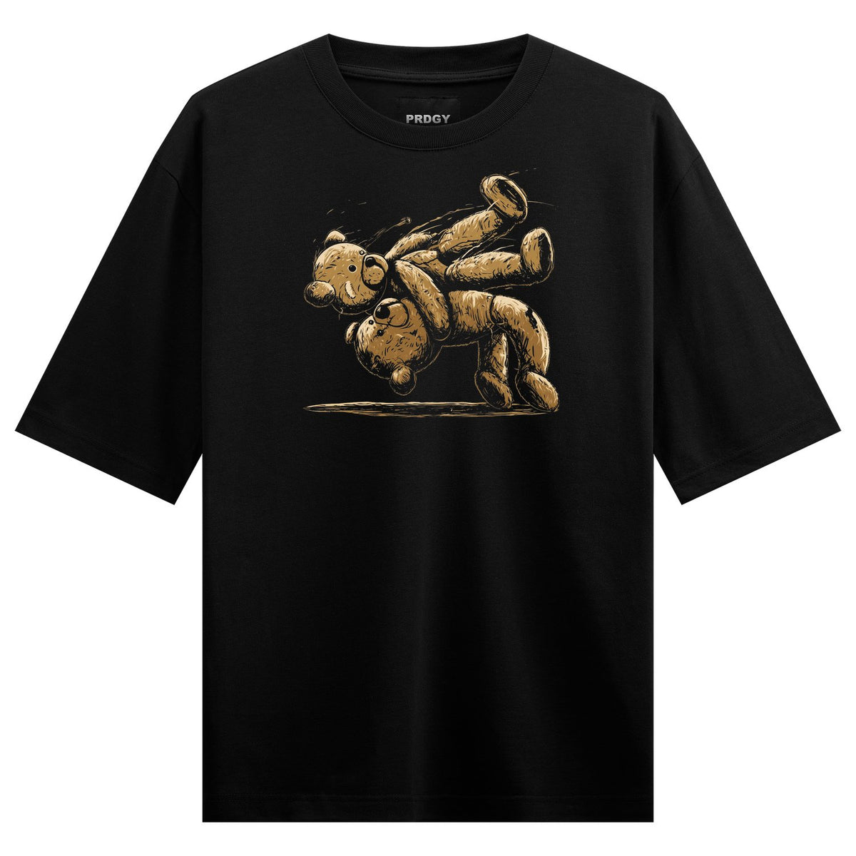Two brown ink-drawn teddy bears in an upside-down acrobatic pose with a shadow line on black fabric on PRDGY oversized t-s...