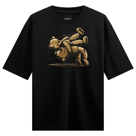 Two brown ink-drawn teddy bears in an upside-down acrobatic pose with a shadow line on black fabric on PRDGY oversized t-s...