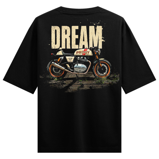 Dream Rider Oversized T-Shirt by PRDGY — vintage motorcycle graphic with bold 'DREAM' typography, retro design
