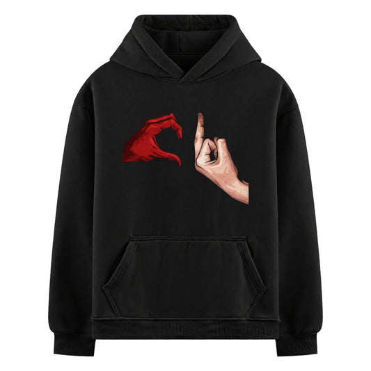 Beraham Prajati Oversized Hoodie — a red hand gesture and a skin tone hand with pointing finger facing each other