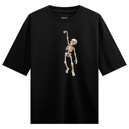 Dabbing Skeleton Oversized T-Shirt — a white skeleton in a dabbing pose holding a star above its head