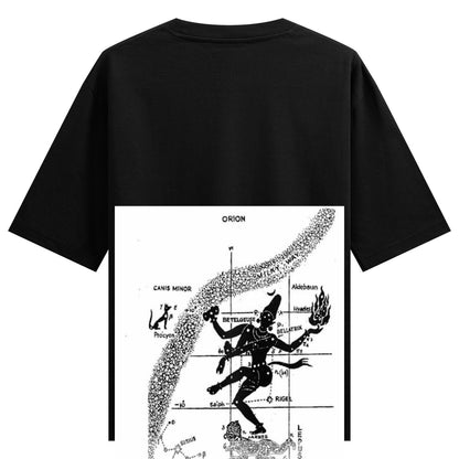 Nataraj Science — black oversized tee with Nataraj and astronomical science artwork printed on the back