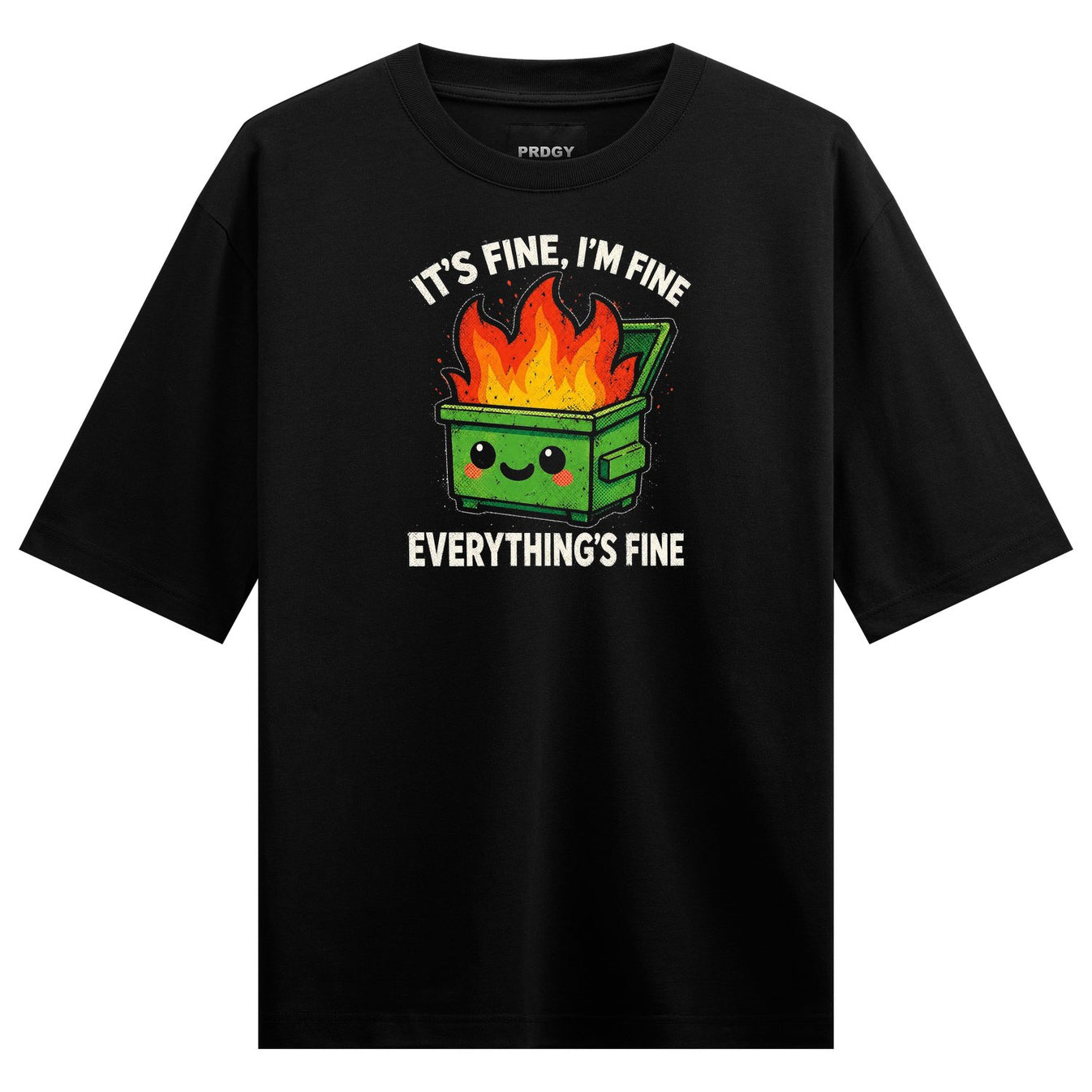 A cartoon green dumpster with a smiling face is on fire with bright orange and yellow flames erupting from its opening tex...