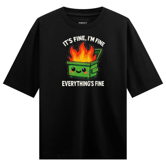 A cartoon green dumpster with a smiling face is on fire with bright orange and yellow flames erupting from its opening tex...