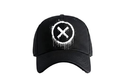 Dissolve Cap by PRDGY — black cap with a distressed dripping 'X' design, grunge design