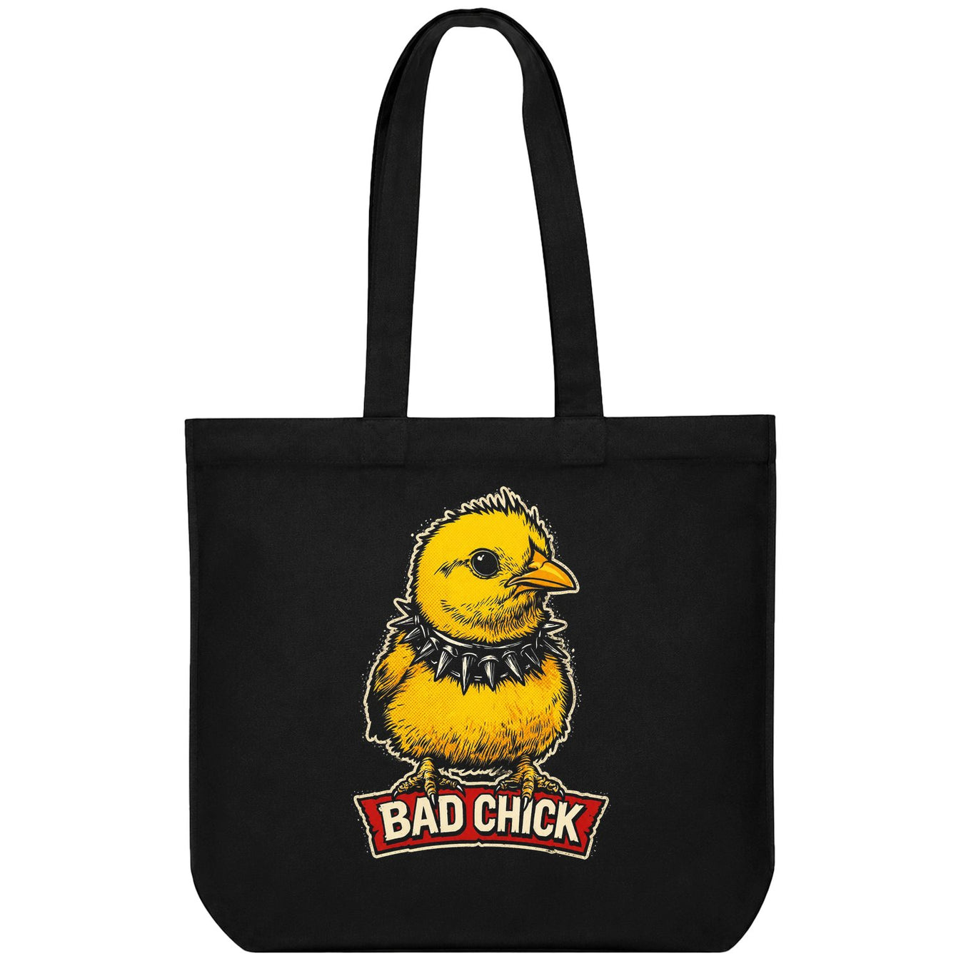 A yellow chick with a spiked collar stands on a red banner that reads BAD CHICK on a black t-shirt on PRDGY oversized t-shirt