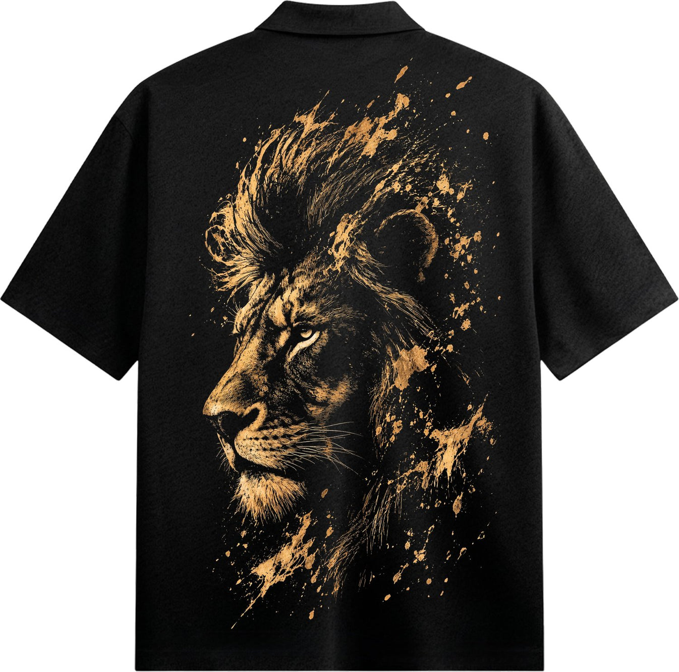 A black t-shirt features a lion s profile in gold and brown with golden paint splashes erupting from its mane and body on...