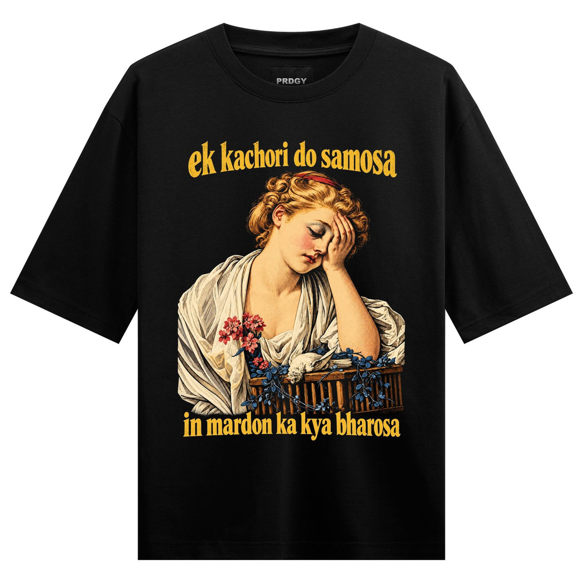 Bharosa Broken Oversized T-Shirt by PRDGY — woman in a white dress with red flowers and blue vines, streetwear design