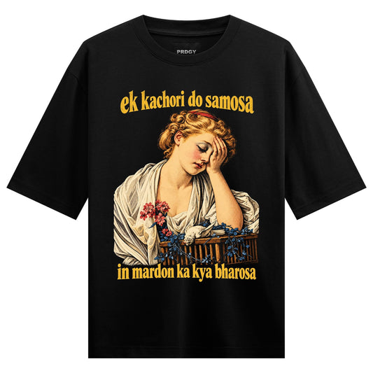 Bharosa Broken Oversized T-Shirt by PRDGY — woman in a white dress with red flowers and blue vines, streetwear design