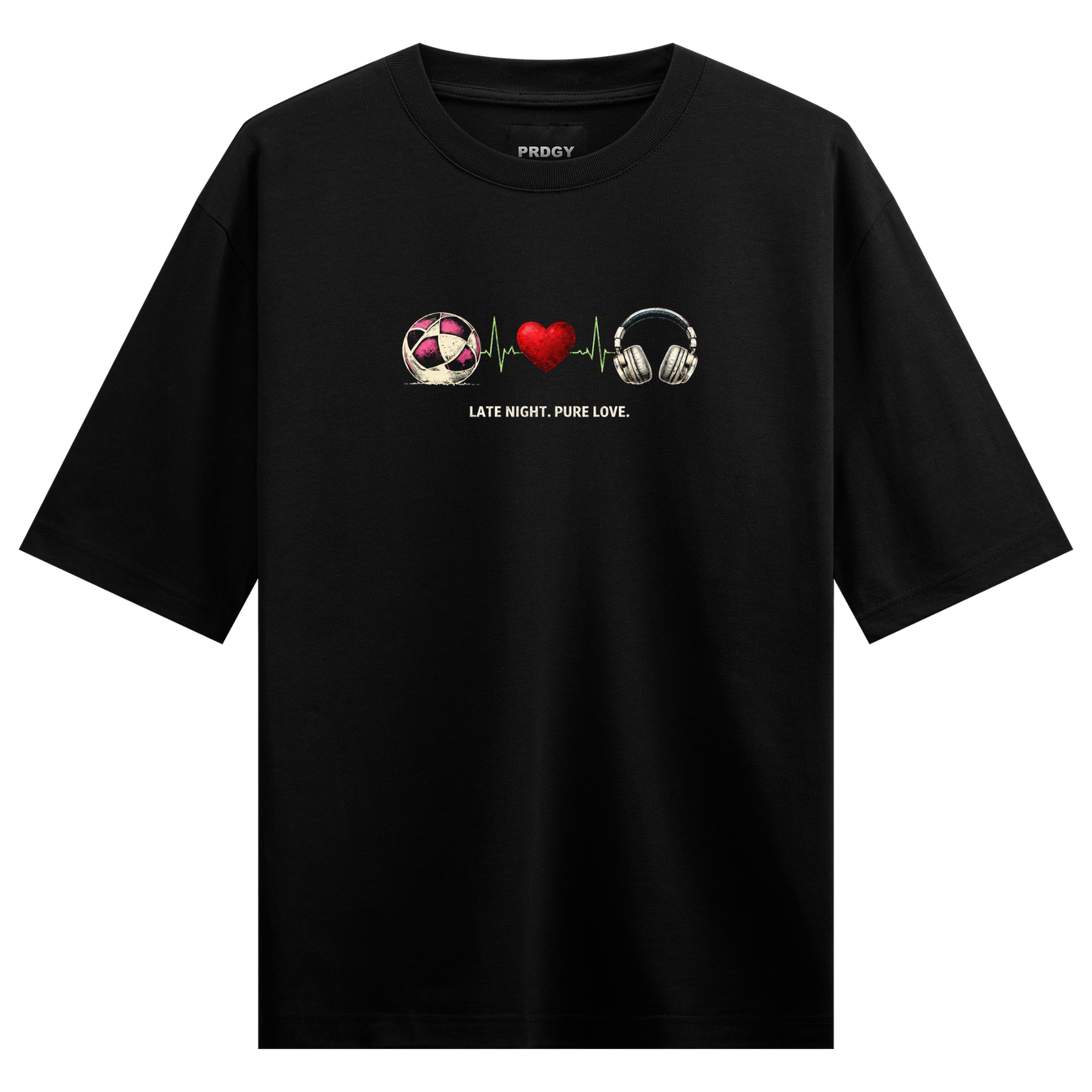 Midnight Frequency Oversized T-Shirt by PRDGY — graphic of soccer, heartbeat, and headphones with text 'Late Night. Pure