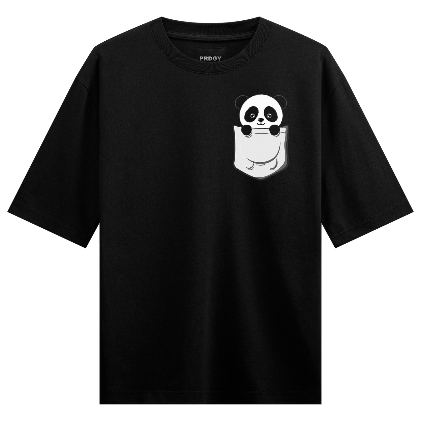 A black t-shirt featuring a white cartoon panda peeking out of a white graphic pocket with black outlines on PRDGY oversiz...