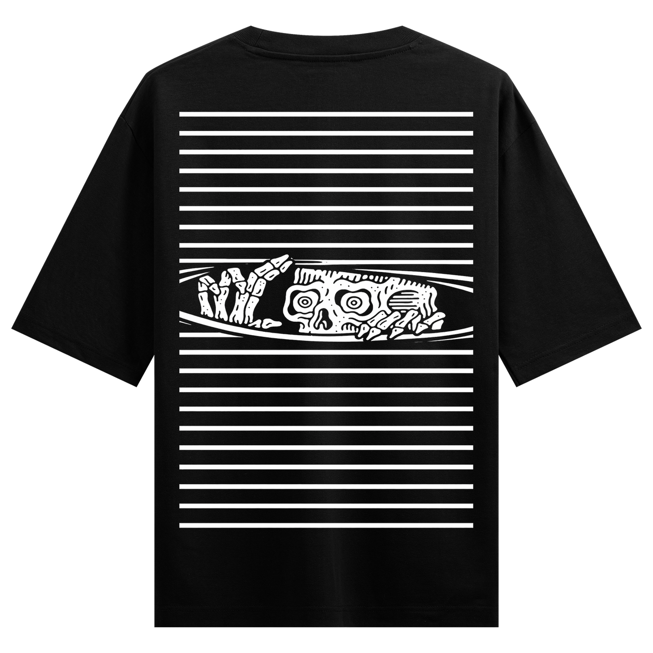 Skeletal Vision Oversized T-Shirt by PRDGY — monochrome skull with hypnotic eyes and skeletal hands, skull design