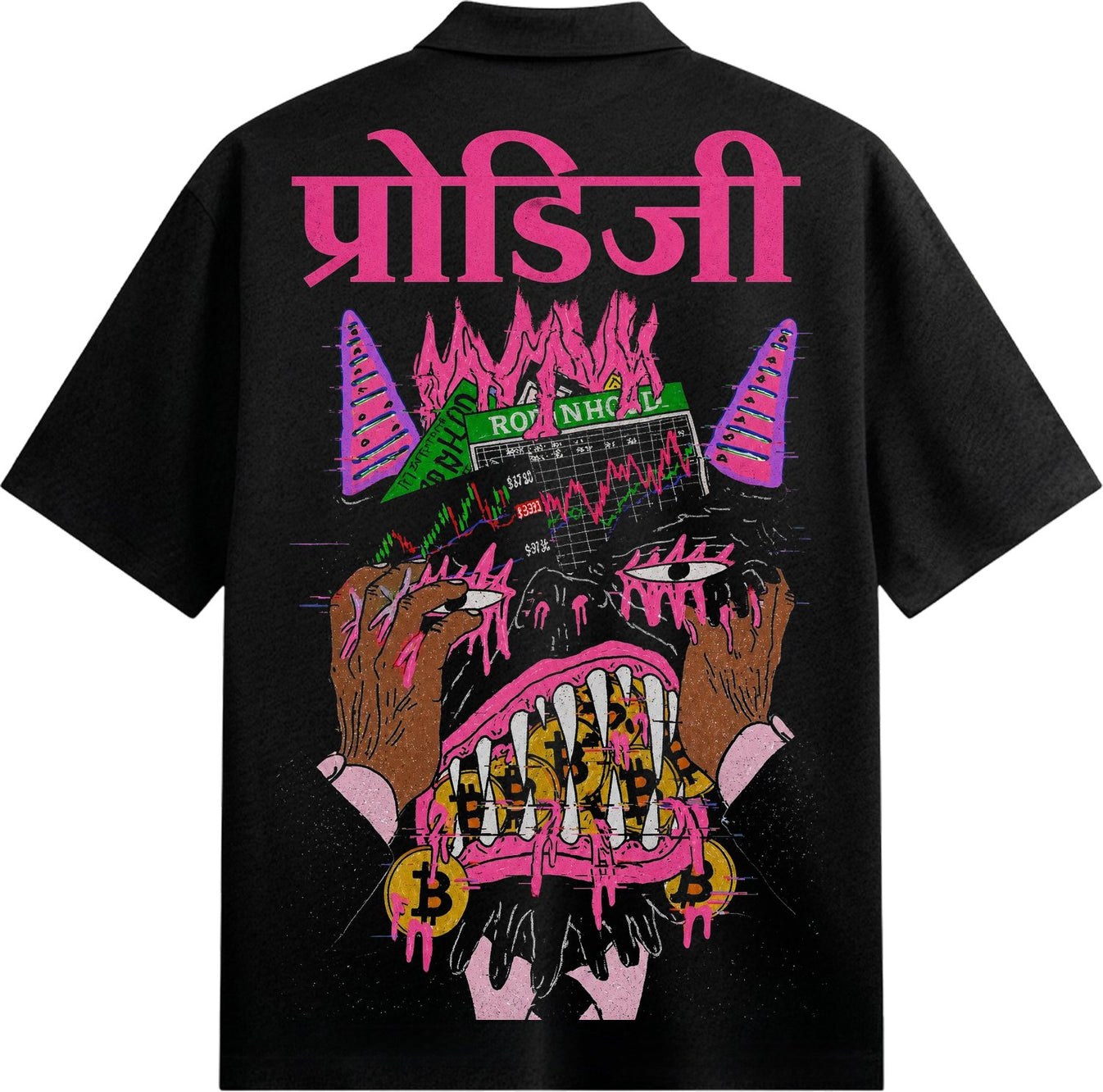 A black t-shirt features a pink and green illustrated monster with dripping fangs bitcoin symbols and a stock chart backgr...