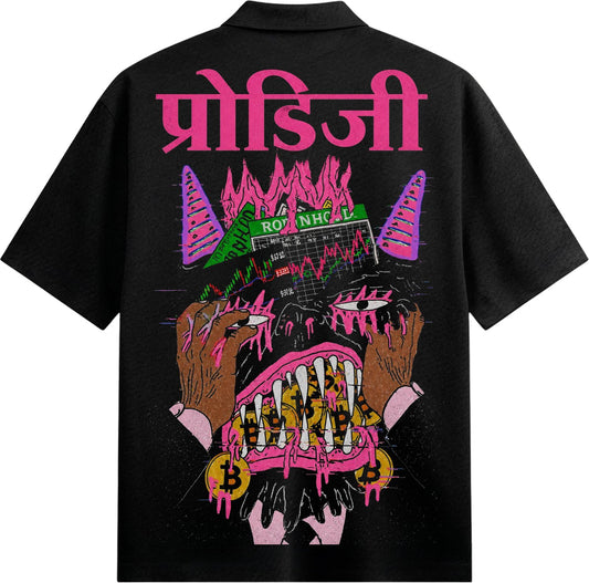 A black t-shirt features a pink and green illustrated monster with dripping fangs bitcoin symbols and a stock chart backgr...