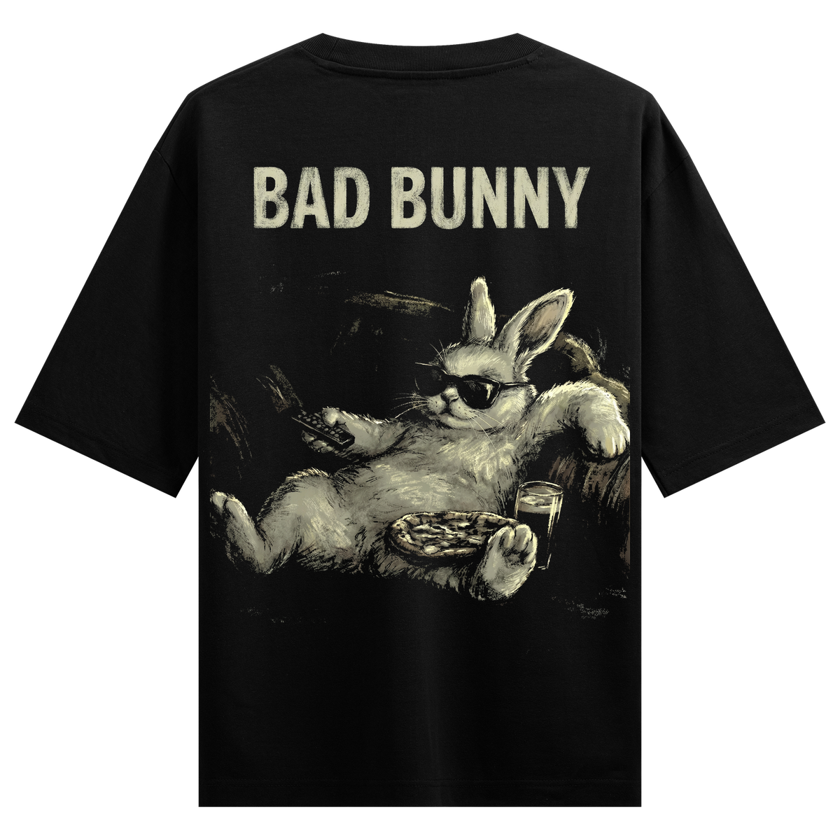 Chillin' Bunny Oversized T-Shirt by PRDGY — a cool rabbit lounging with pizza and a drink, animal design