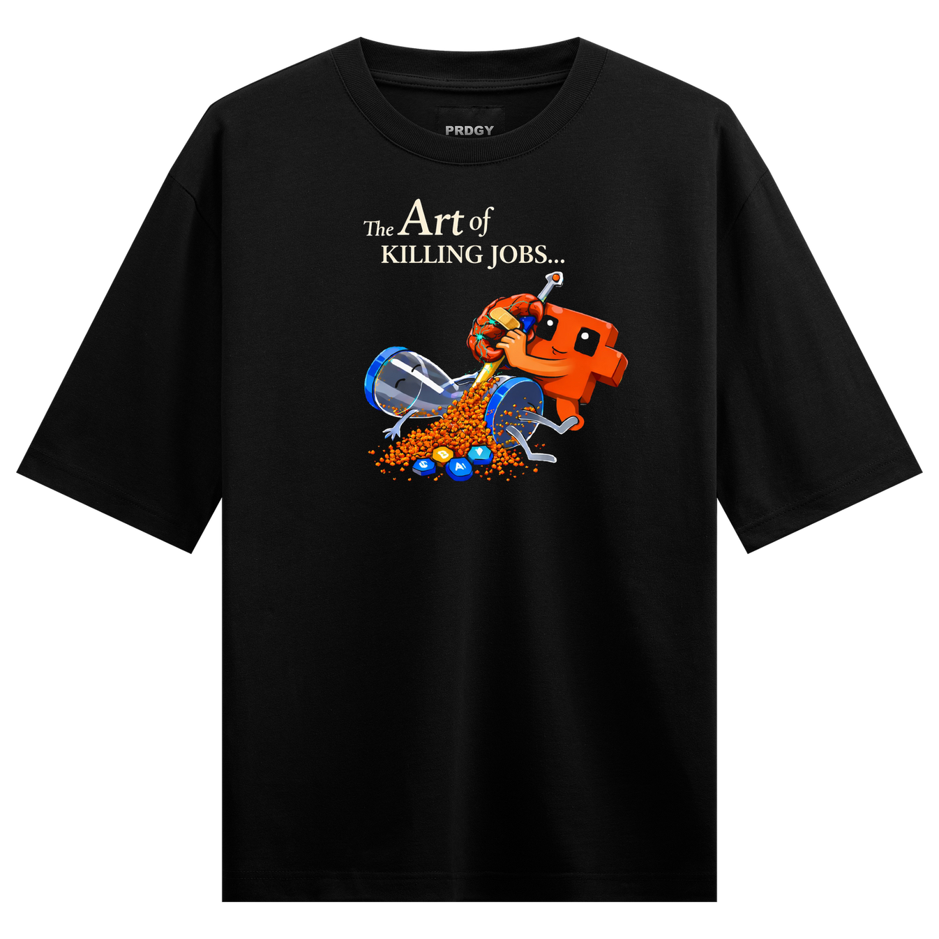Token Over Time Oversized T-Shirt by PRDGY — bold 'Art of Killing Jobs' graphic with vibrant character illustration,