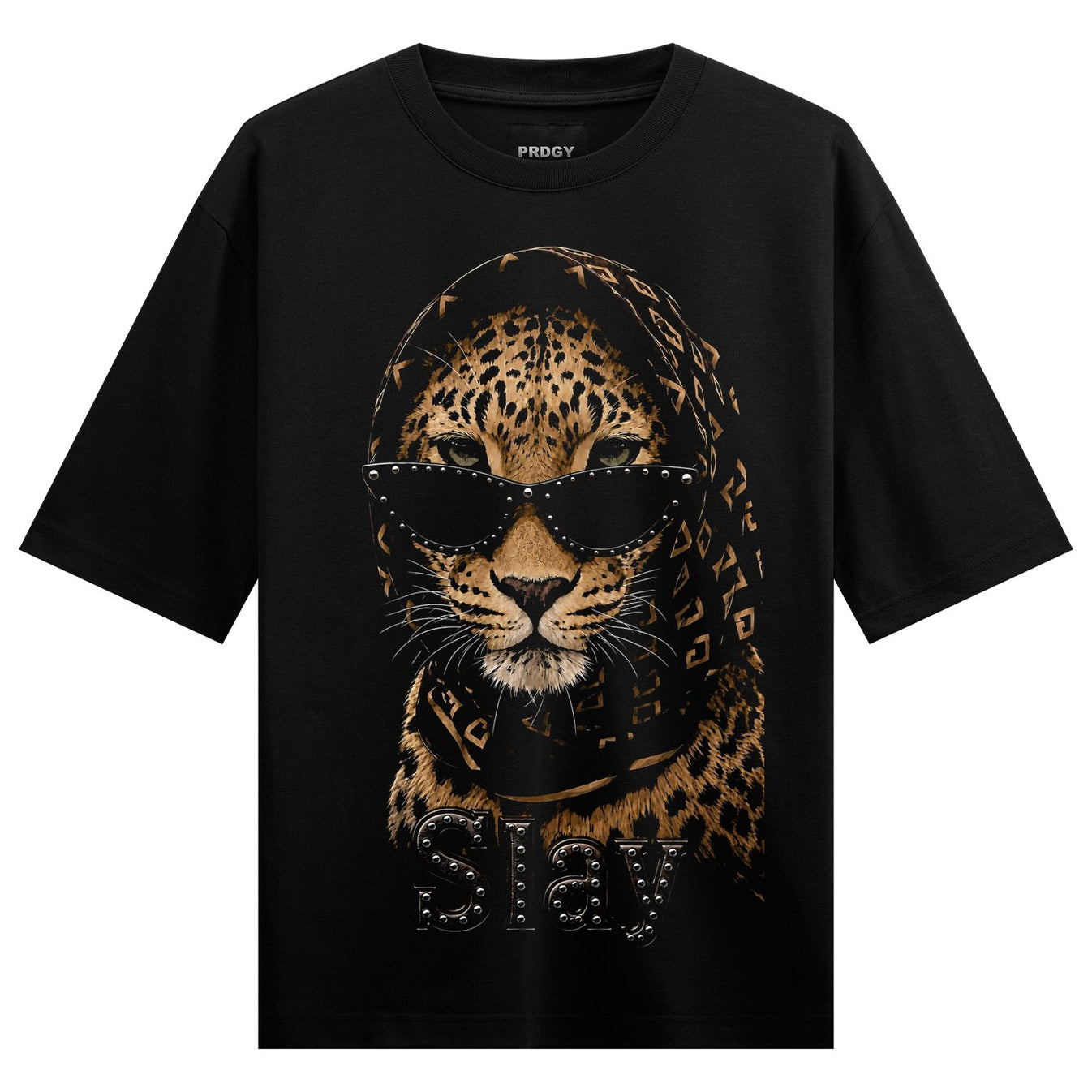 A black t-shirt features a detailed illustration of a leopard wearing studded sunglasses and a patterned hood with the wor...