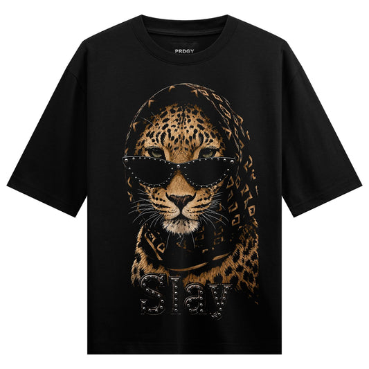 A black t-shirt features a detailed illustration of a leopard wearing studded sunglasses and a patterned hood with the wor...