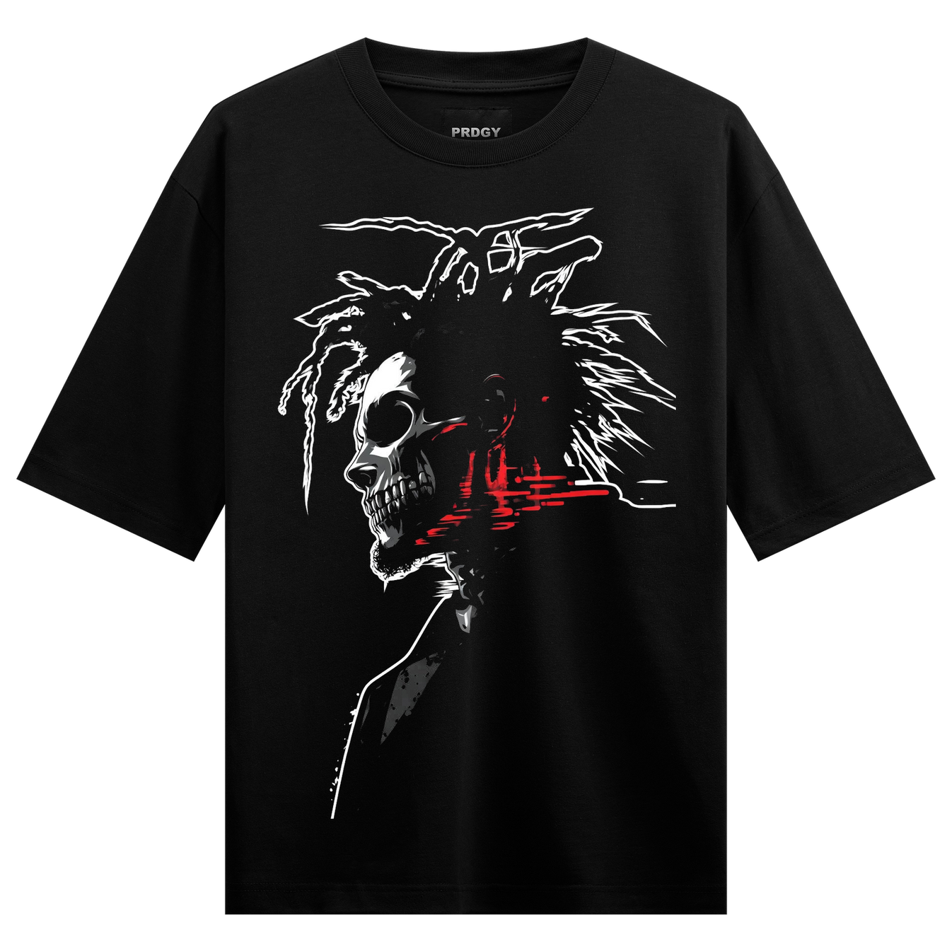 Extremist T-Shirt by PRDGY — striking skull with dreadlocks and glitching red accents, dark aesthetic design