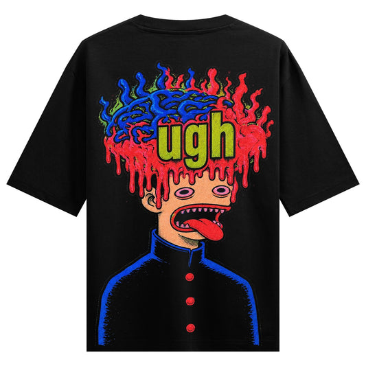 Melting Mind Ugh Oversized T-Shirt by PRDGY — surreal illustration of a melting head with blue brain matter and red flames,
