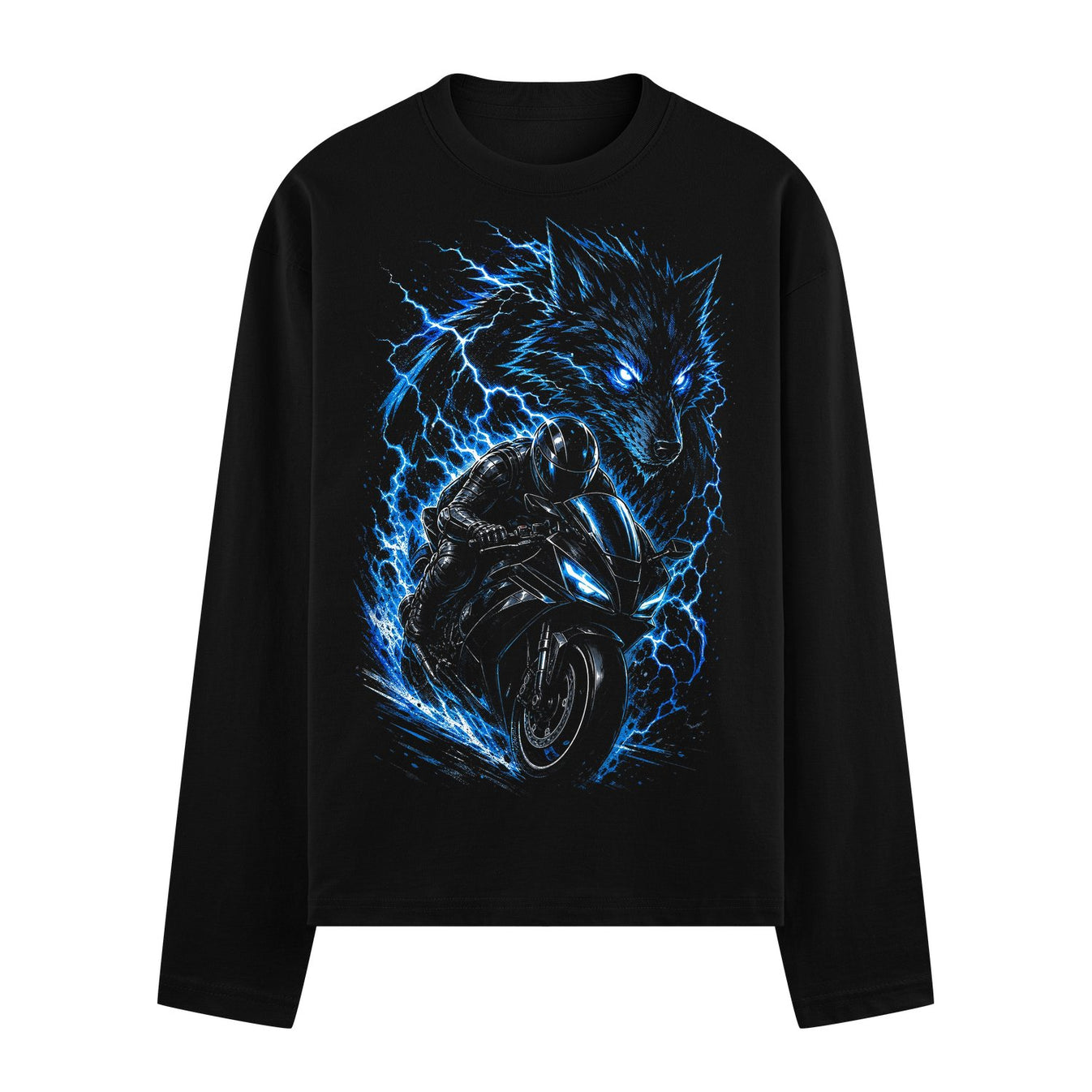 A black long-sleeve t-shirt features a graphic of a wolf with glowing blue eyes and electric blue lightning surrounding a...
