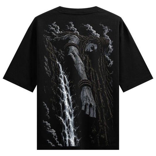 A detailed black t-shirt features a large back print of a grey stone statue of a deity with long hair bound by ropes next...