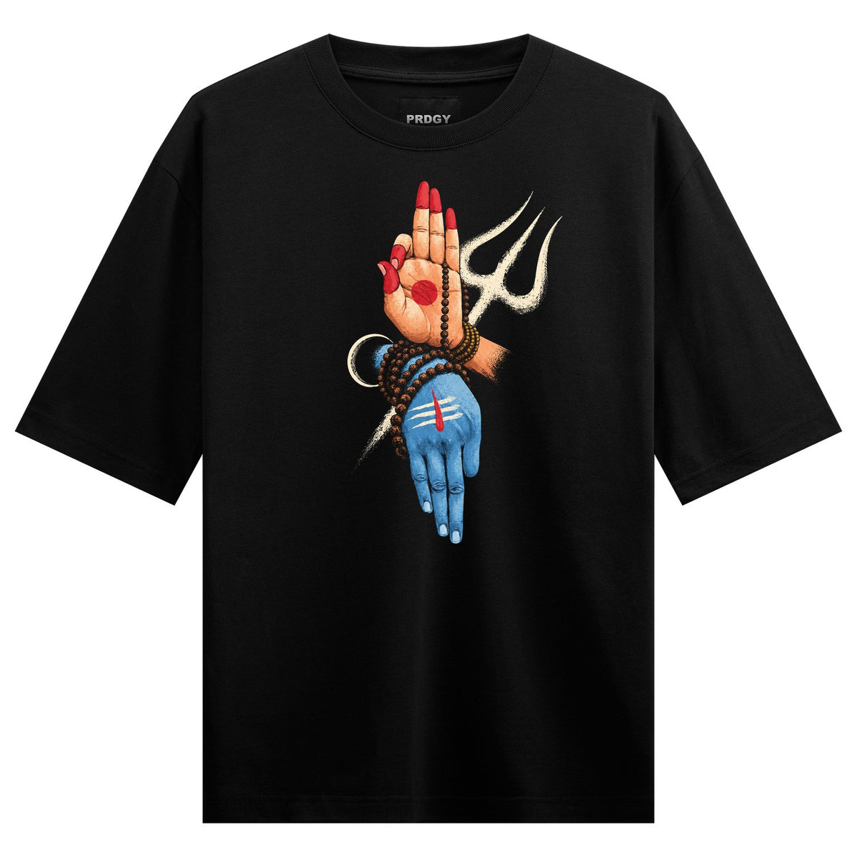 Trident Hands Oversized T-Shirt — a graphic of a hand with red nails holding a trident and beads above a blue hand