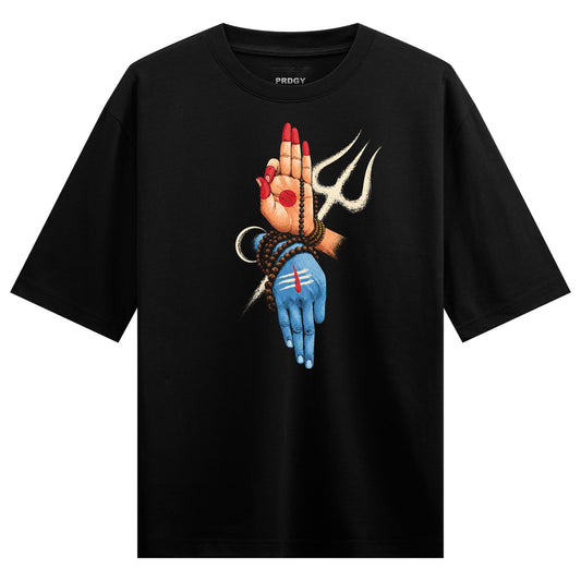 Trident Hands Oversized T-Shirt — a graphic of a hand with red nails holding a trident and beads above a blue hand