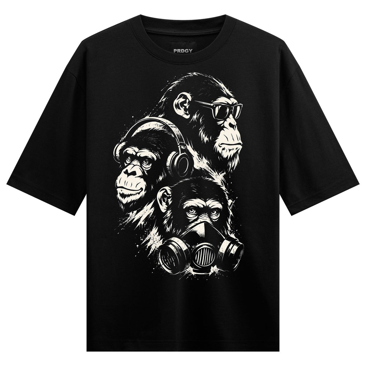 Primate Trio Oversized T-Shirt — a black t-shirt features a monochrome graphic of three apes, one wearing sunglasses