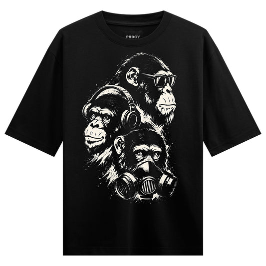 Primate Trio Oversized T-Shirt — a black t-shirt features a monochrome graphic of three apes, one wearing sunglasses