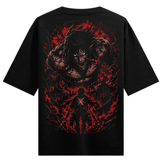 Titan's Fury Oversized T-shirt T-Shirt by PRDGY — bold graphic design, anime design