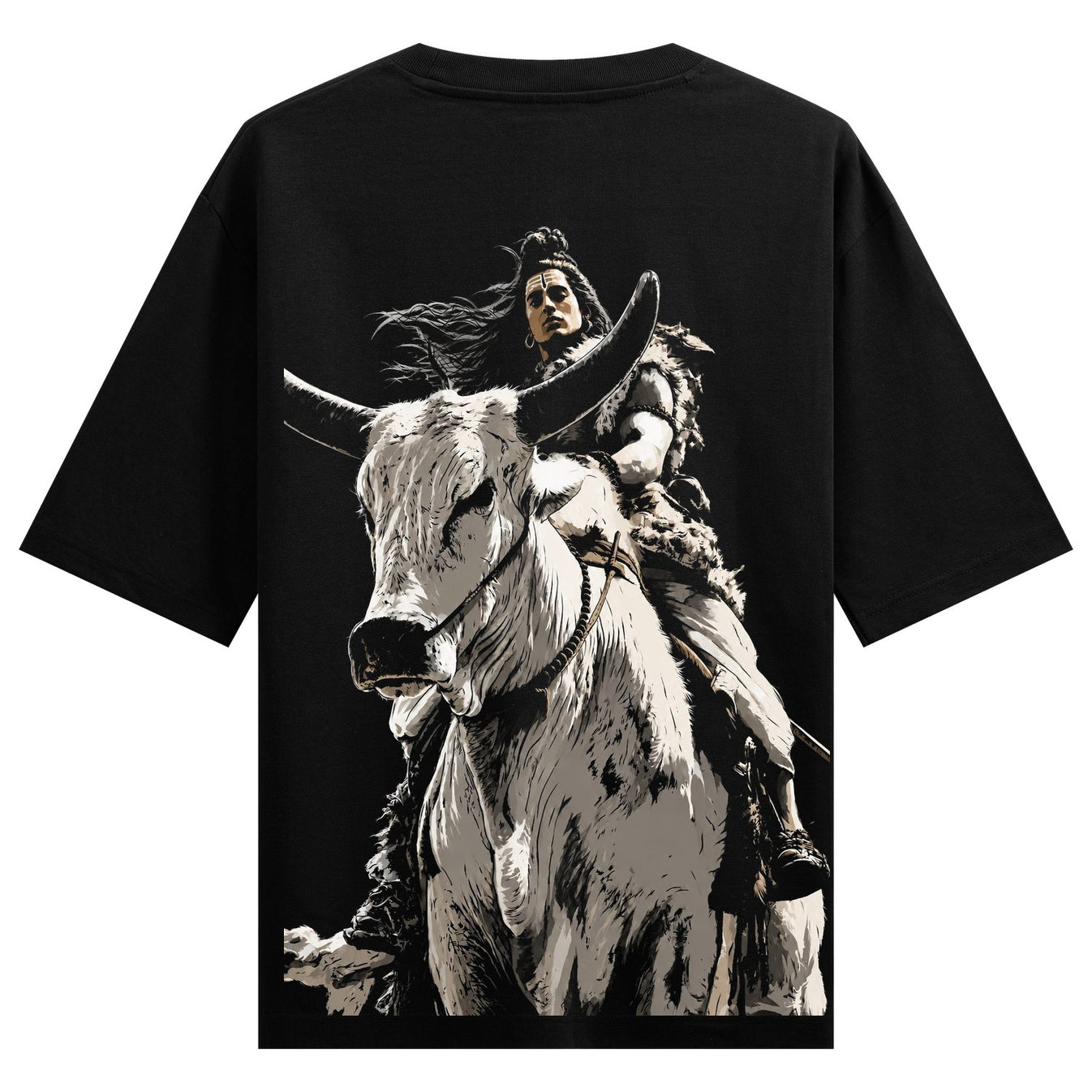Lord Shiva with long dark hair rides a white bull with large horns wearing tribal fur and a rope halter against a black ba...