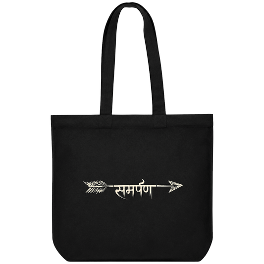 A black t-shirt features a white graphic of an arrow with intricate feather details and the Devanagari word समर पण written...