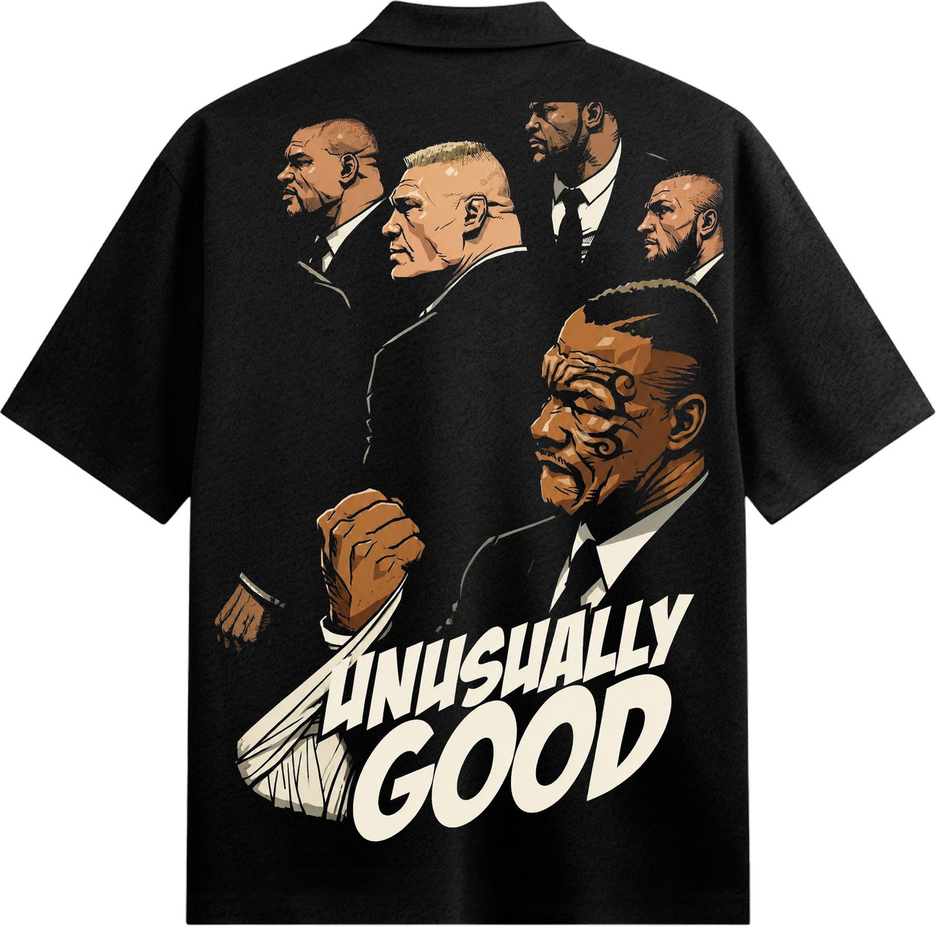 Legends Oversized T-Shirt by PRDGY — comic-style illustration of men in suits with bandaged fist and tattooed face,