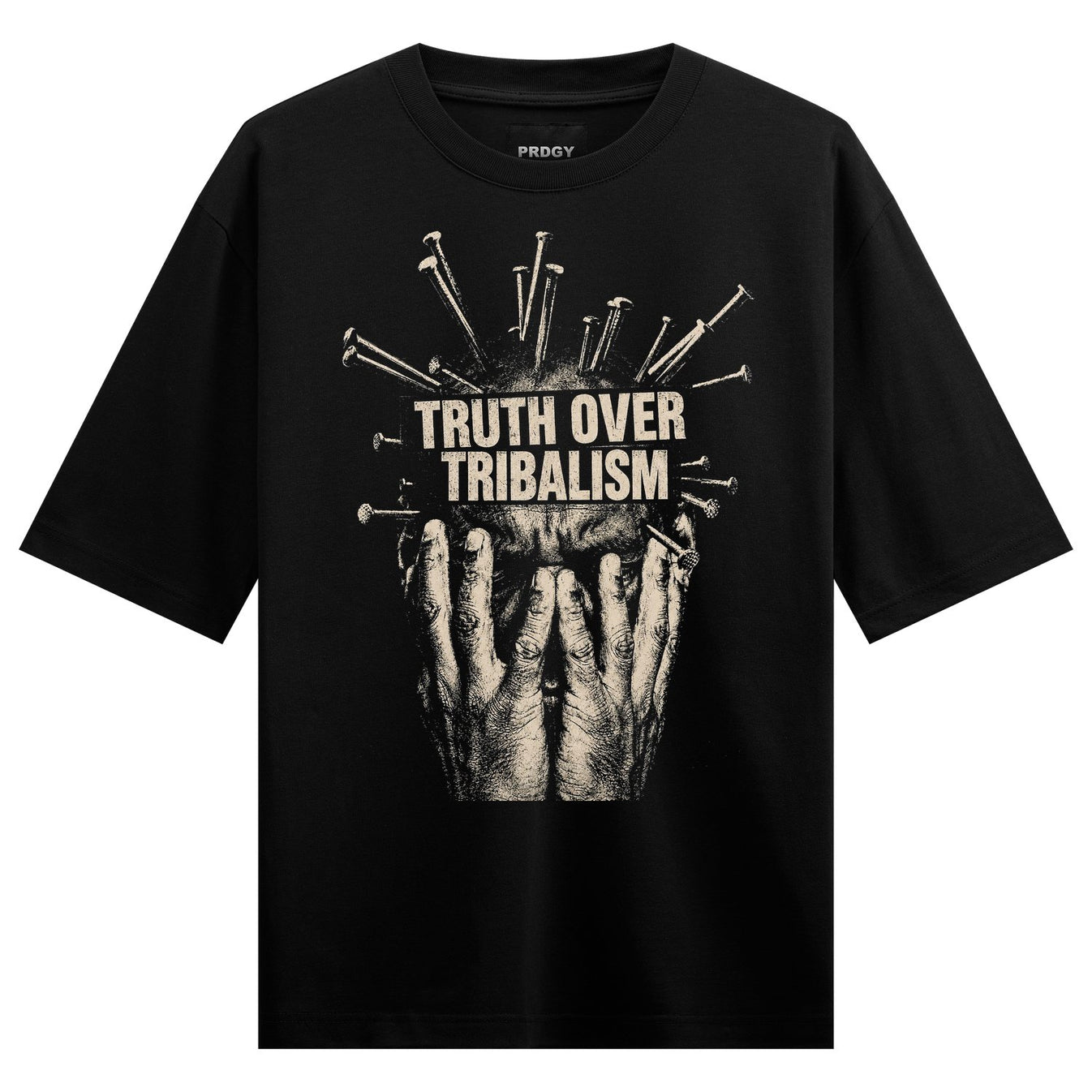 A black t-shirt features a graphic of a face covered by hands with numerous nails piercing the head and surrounding text o...