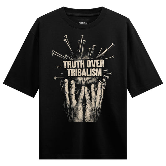 A black t-shirt features a graphic of a face covered by hands with numerous nails piercing the head and surrounding text o...