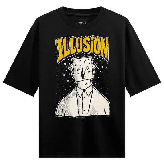 A black t-shirt features a graphic of a person with a square head covered in dots wearing a white collared shirt with yell...
