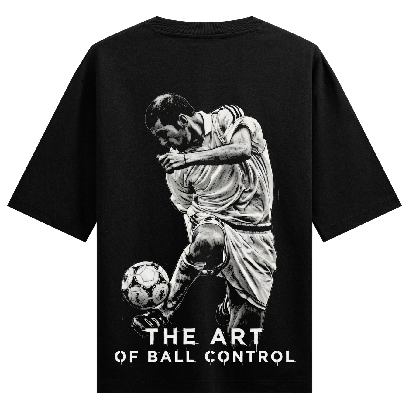 Ball Control Art Oversized T-Shirt by PRDGY — black and white artwork of a soccer player controlling a ball, sports design