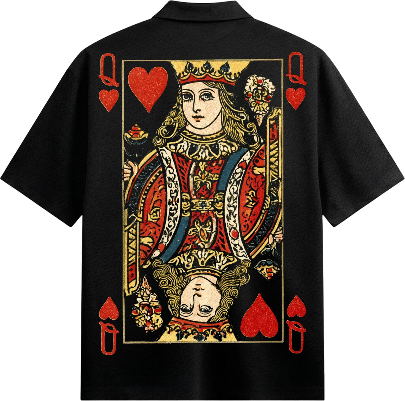 A black t-shirt featuring a vintage Queen of Hearts playing card design on the back with ornate details a regal queen and...