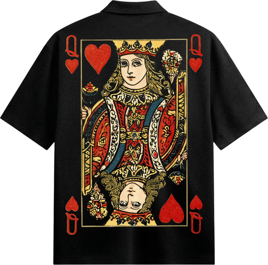 A black t-shirt featuring a vintage Queen of Hearts playing card design on the back with ornate details a regal queen and...