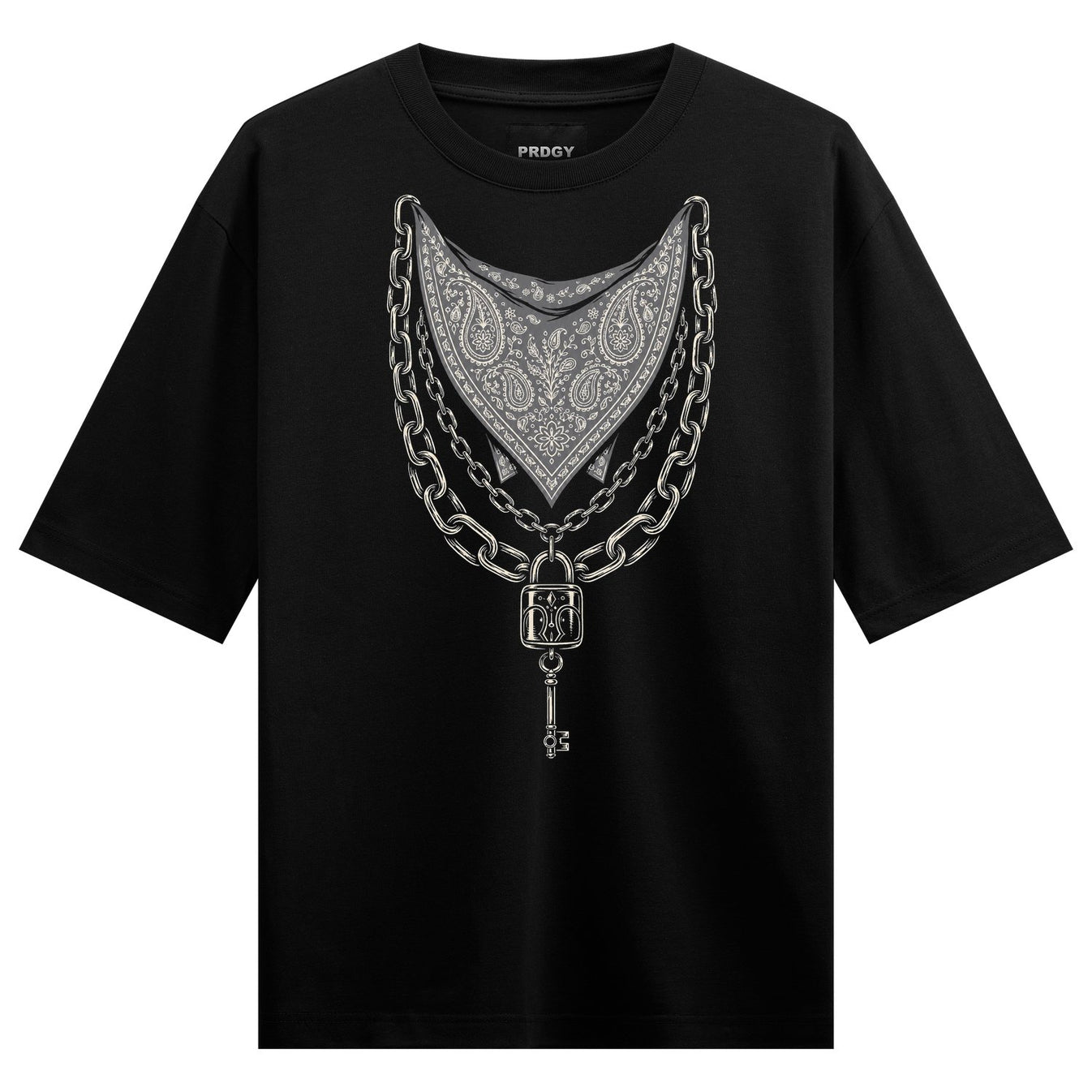 A black t-shirt displays a central graphic of a grey bandana pattern surrounded by silver chains a padlock and a key on PR...
