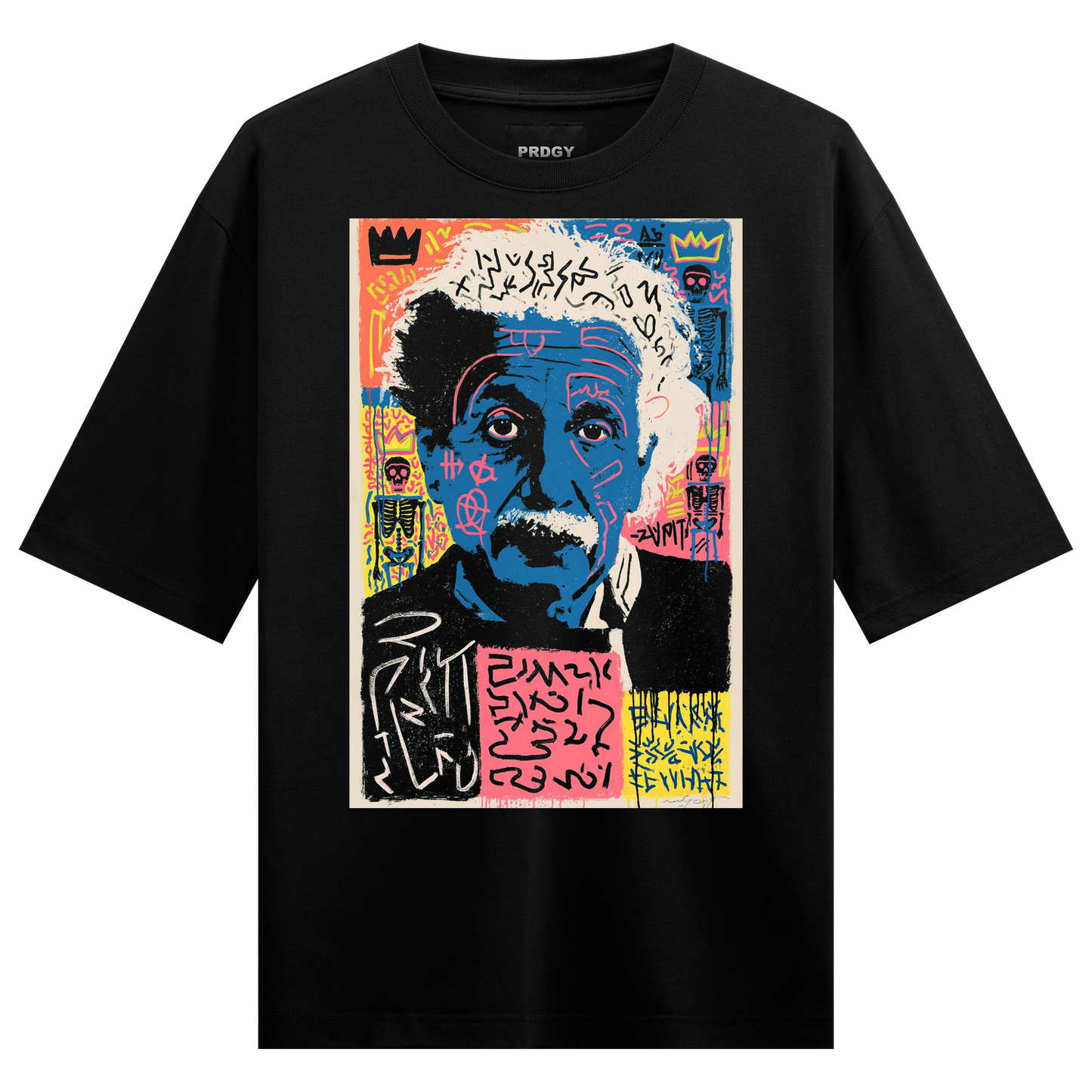 The Mad Equation T-Shirt by PRDGY — vibrant graphic art inspired by Einstein, pop art design.