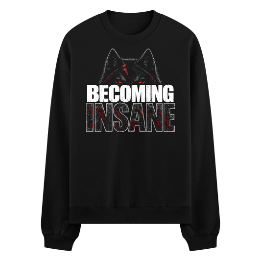 Wolf Madness Oversized Sweatshirt — Black wolf head with red glowing eyes and red blood streaks above distressed white