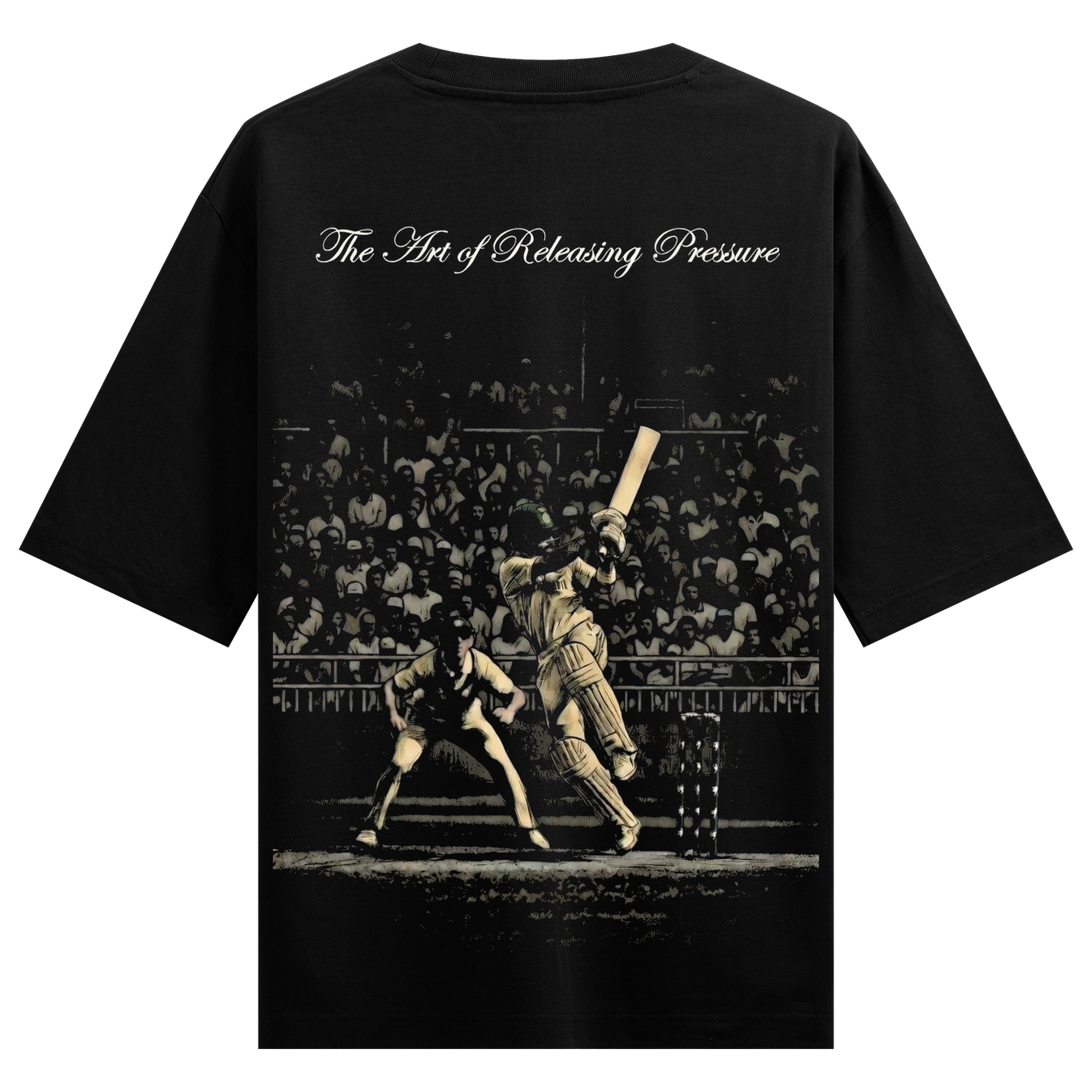 The Art Of Releasing Pressure Oversized T-Shirt by PRDGY — vintage cricket match artwork, cricket design